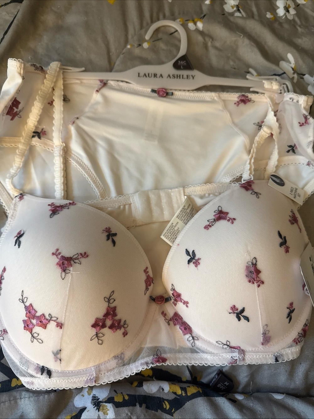 Laura Ashley White Bra with Pink Floral Embroidery